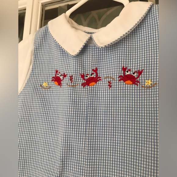 Petit Ami 6 months crabs coastal nautical beach summer blue checked short romper - Picture 5 of 5